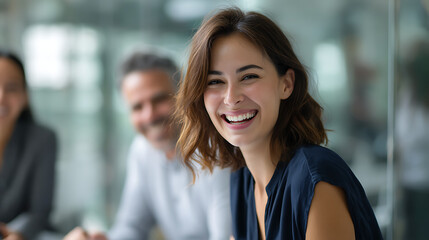 Smiling Businesswoman with Colleagues in Modern Office