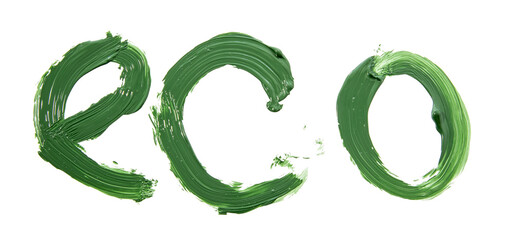 Eco word painted with green brushstrokes promoting environmental awareness and sustainability, with transparent background for easy integration into designs