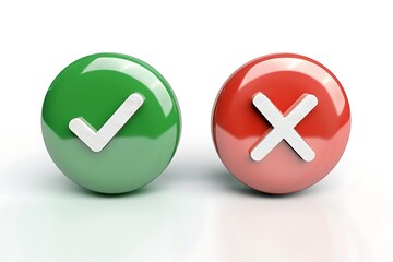 realistic 3D render of two circular buttons, one green with checkmark and one red with X, placed side-by-side on clean