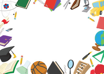 Cartoon school supplies forming a frame with blank space for text, representing education, learning, and back to school