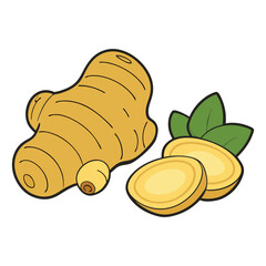 Fresh ginger root with knobby, tan skin and fibrous texture, paired with sliced sections showing its juicy, pale-yellow interior and distinctive spicy aroma.
