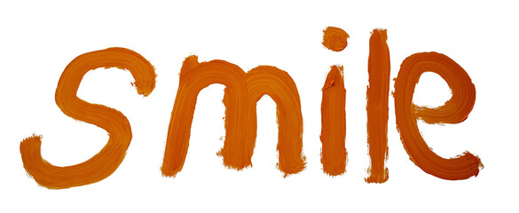 Orange brushstroked word smile glowing on transparent checkered pattern, symbolizing vibrant optimism and creative expression