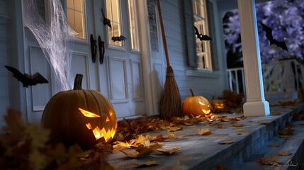 Spooky Halloween Porch with Glowing Pumpkins and Bats