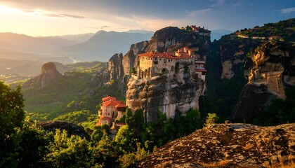Scenic mountain monastery at sunset