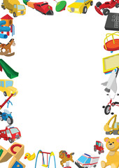 Cartoon kids toys frame creating empty space for your text