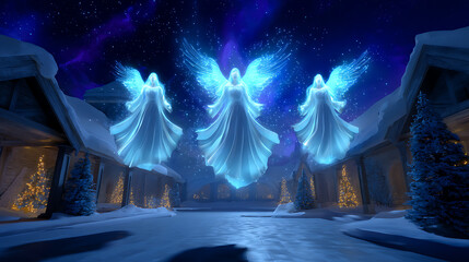 Three Glowing Angels Over a Snowy Winter Village at Night
