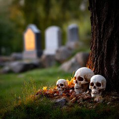 Three Skulls Resting Near Tree at Dusk in Cemetery