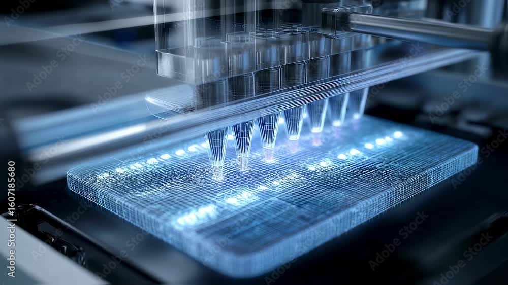 Poster automated pipetting machine precisely dispensing liquids onto a microplate, illuminated by blue ligh