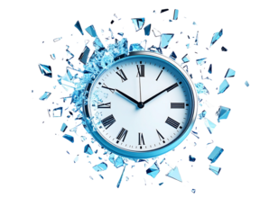  Shattering Clock Concept – Time Breaking Apart with Flying Glass on Blue Background