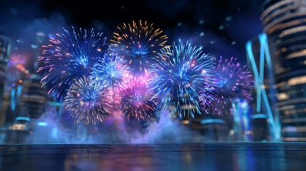 Vibrant Fireworks Display Over Futuristic City at Night