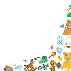 Baby toys frame corner border with rocking horse, teddy bear, stroller, blocks, birds, bib, mobile, diaper, rattle, bottle, rubber duck, and pacifier