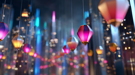 Vibrant Geometric Lanterns Illuminate Futuristic City Nightscape