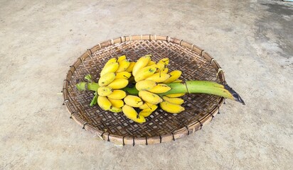Bananas placed in the middle of a woven basket