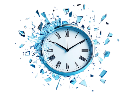  Shattering Clock Concept – Time Breaking Apart with Flying Glass on Blue Background