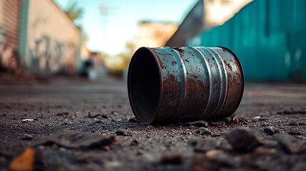 A rusty metal barrel lying on a dirty ground in an urban setting with blurred buildings in the back