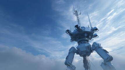 Futuristic Robot Defense System Scanning the Sky in Airspace