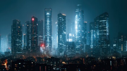 Obraz premium Futuristic City Skyline at Night with Bright Electric Lights
