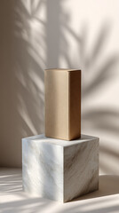 Wooden Block on Marble Cube with Palm Leaf Shadows