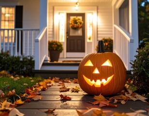 Obraz premium Cheerful Halloween pumpkin at a cozy porch.