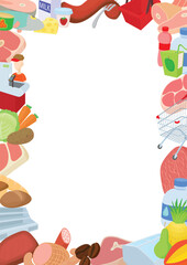 Colorful cartoon grocery food frame border surrounding blank white copyspace, featuring supermarket cashier, shopping cart, meat, produce, dairy, and snacks