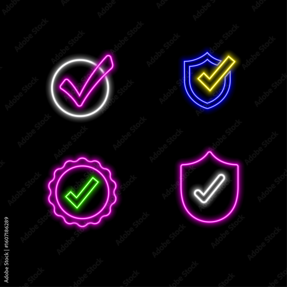 Poster green check mark and red cross icon. neon style.set of simple icons in flat style yes-no, pass-fail,