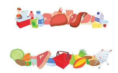 Grocery food shopping items including cashier working at checkout counter, meat, fruits, vegetables, milk, cheese, juice and shopping cart