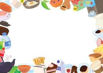 Fototapeta premium Colorful icons of various breakfast and lunch food items create a vibrant frame around a blank white space