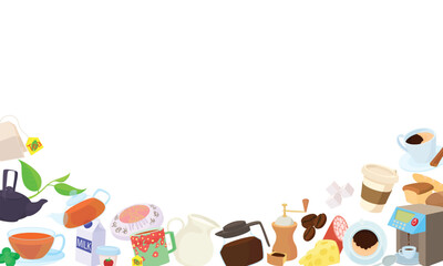 Coffee, tea, breakfast and dessert frame composition with blank space for text