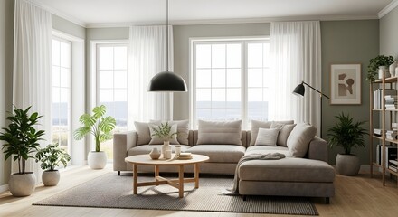 Modern Scandinavian Living Room Interior with Natural Light and Indoor Plants