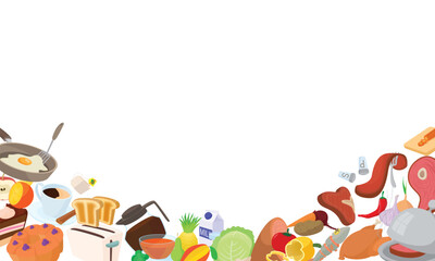 Different kinds of food forming a frame on a white background