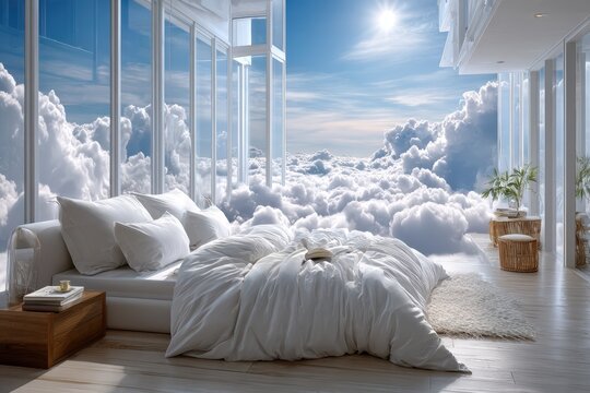 Cozy bedroom with panoramic view of clouds and bright sky in a modern setting