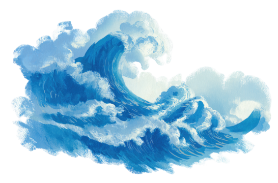 A large, powerful wave, depicted in shades of blue, forms the main image.  The wave appears to crash against a backdrop of clouds