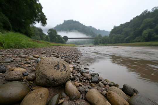 Pebble-strewn riverbed near misty mountains at dawn