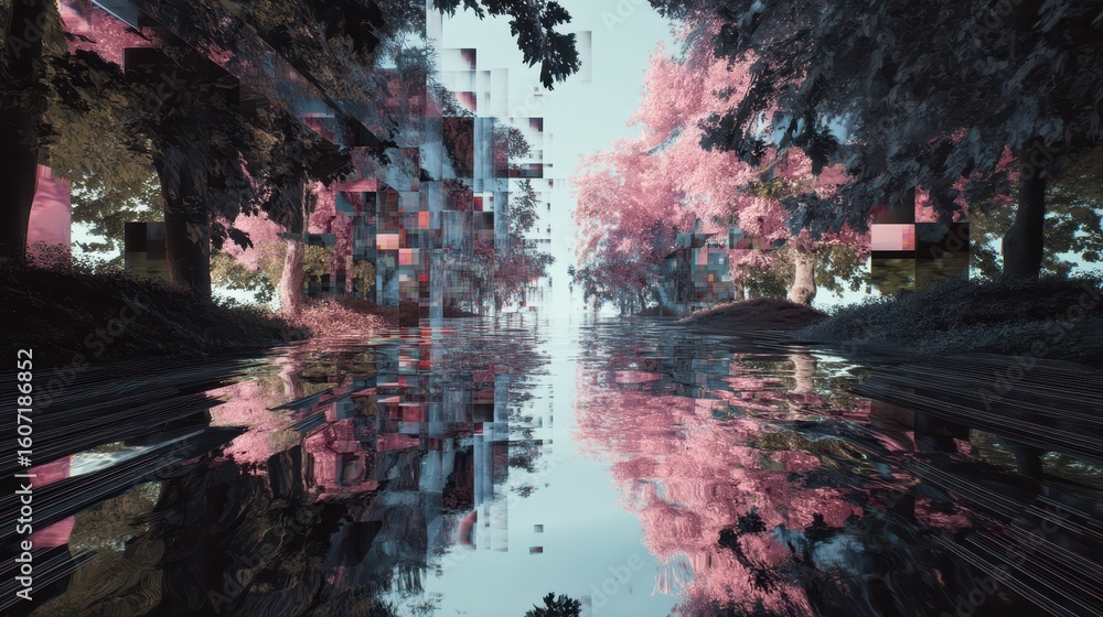 Poster Glitchy Mirror Reflection in Distorted Nature Scene with Errors