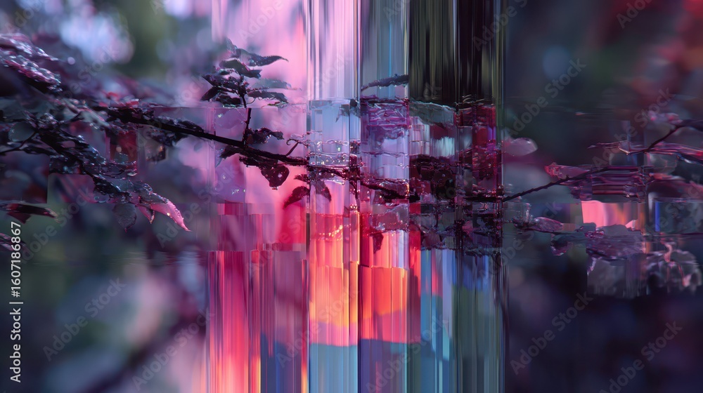 Poster abstract glitchy reflection distortion with colorful lights and patterns