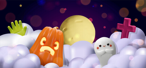A wide-format Halloween illustration featuring a glowing angry pumpkin, a cute ghost, a creepy green zombie hand, a gravestone cross. Banners, headers, invitations, seasonal website covers.