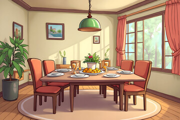 Cartoon Dining Room Interior with Table Setting and Sunlight