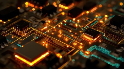Glowing Electric Circuit Board Macro Shot with Illuminated Details