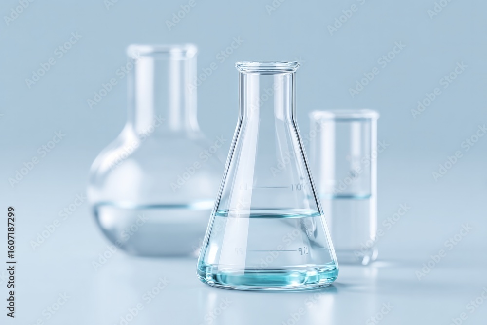 Poster minimalistic laboratory setup with glass beakers and tubes emphasizing scientific innovation include