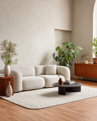 Modern Living Room Featuring Cozy Sofa and Decorative Elements with Plants in Natural Light