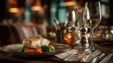Atlantic cod fillet cooked to perfection, accompanied by vegetables, served on an elegant plate with full table setting in a fine dining environment.