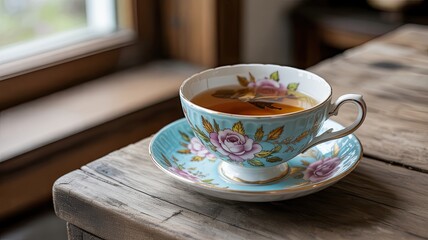 Fototapeta premium An elegant teacup filled with fragrant tea rests on a rustic wooden table next to a bright window offering a serene and calming atmosphere.