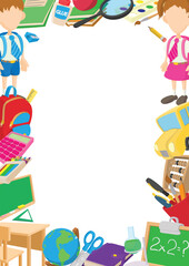 Cartoon school supplies creating a colorful border around a blank space, ideal for educational projects or back to school promotions