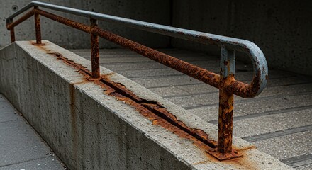 A detailed capture of a rusty handrail on a concrete structure, showcasing the effects of time.