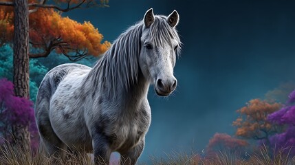 A phantom-like horse with glistening silver fur stands beneath towering glowing trees, with a brilliant night sky bursting in orange, teal, and violet hues.