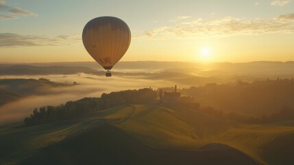 Hot air balloon floating over picturesque hills at sunrise with golden light illuminating misty landscape below