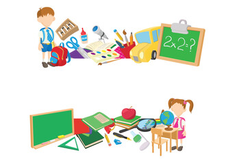 Obraz premium School children ready for learning, with many school supplies surrounding them