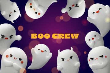 A playful 3D Halloween poster featuring a group of adorable ghosts. Each ghost has a unique personality. Halloween parties, kids events, social media graphics, or seasonal merchandise.