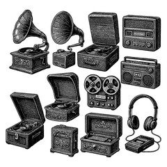 Vintage music players and radios in classic engraving style, Transparent Background
