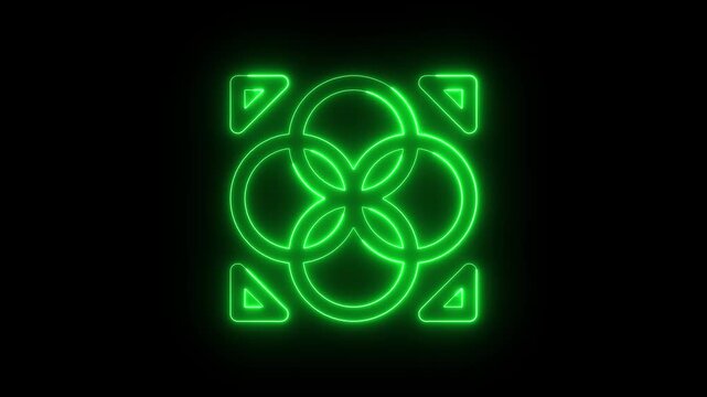 Glowing green neon atom icon on black background representing science and technology concept 4k